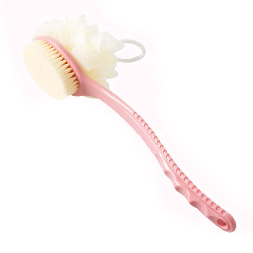 Pink bottle brush with a soft scrubber head on a white background