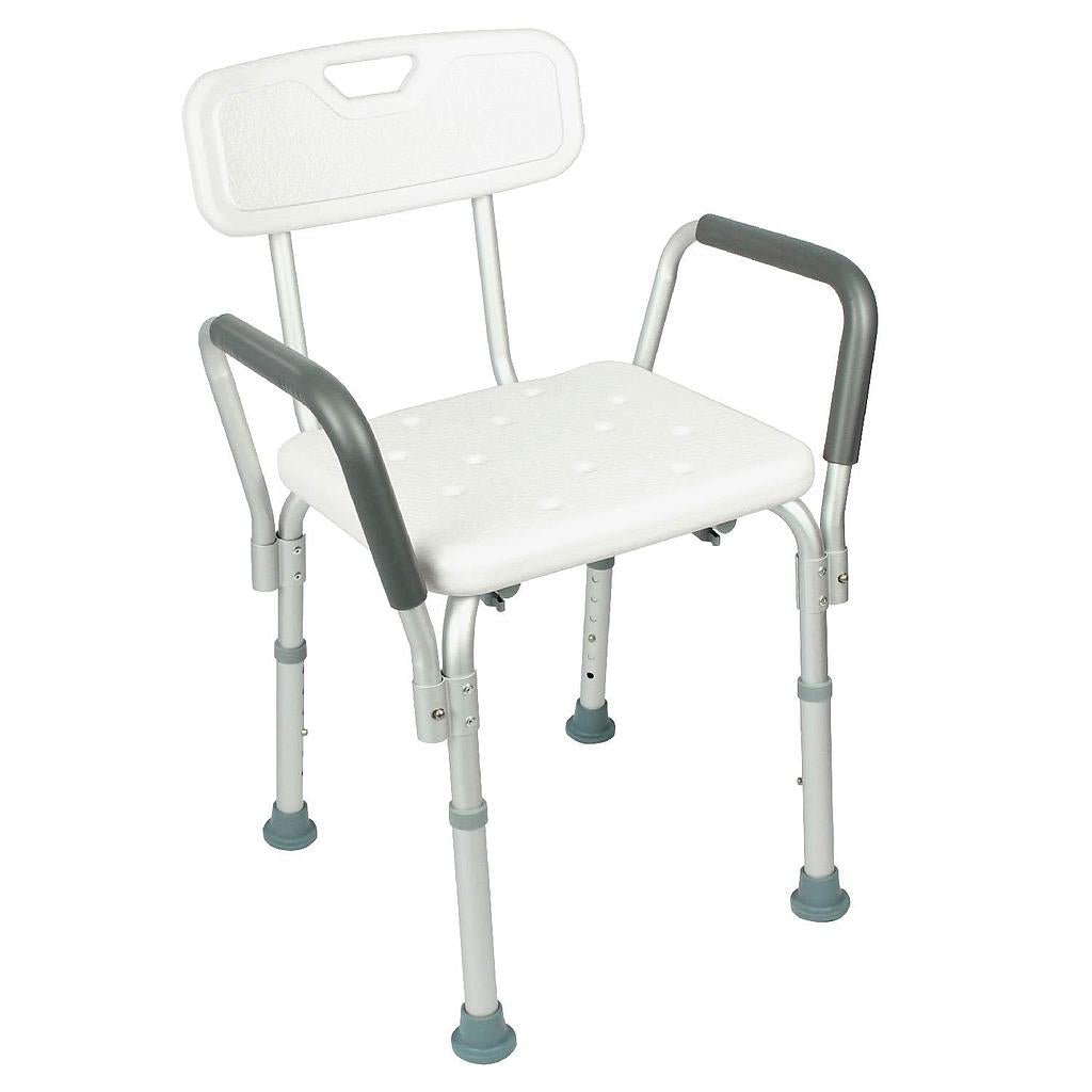 Shower chair with back and arms, white seat and dark gray armrests on four legs