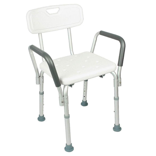 Shower chair with back and arms, white seat and dark gray armrests on four legs