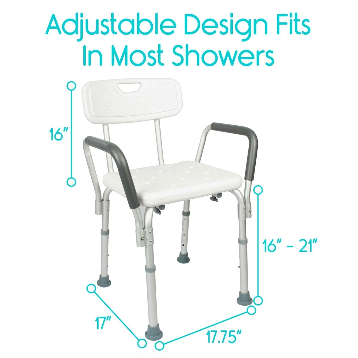Adjustable shower chair with back and arms; height range shown with measurements