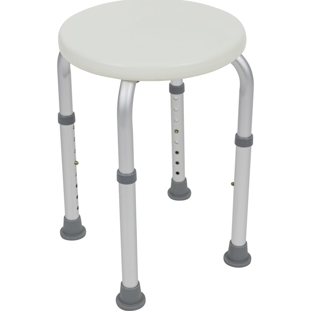 Round-top adjustable shower stool with white seat, white legs, and gray non-slip feet