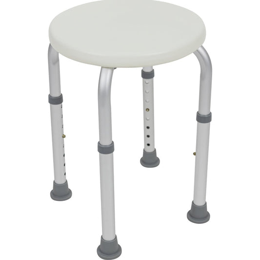 Round-top adjustable shower stool with white seat, white legs, and gray non-slip feet