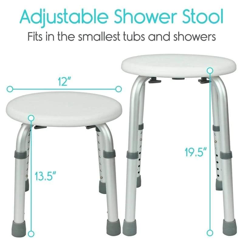 Adjustable shower stool with round seat, gray feet; height 19.5" and width 12"