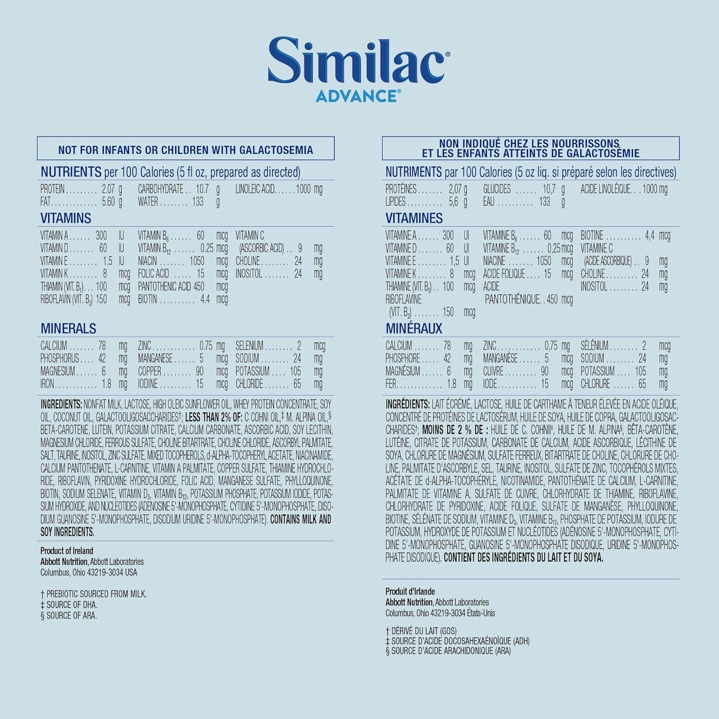 Similac Advance formula with iron, bilingual nutrition facts panel; 12.4 oz can