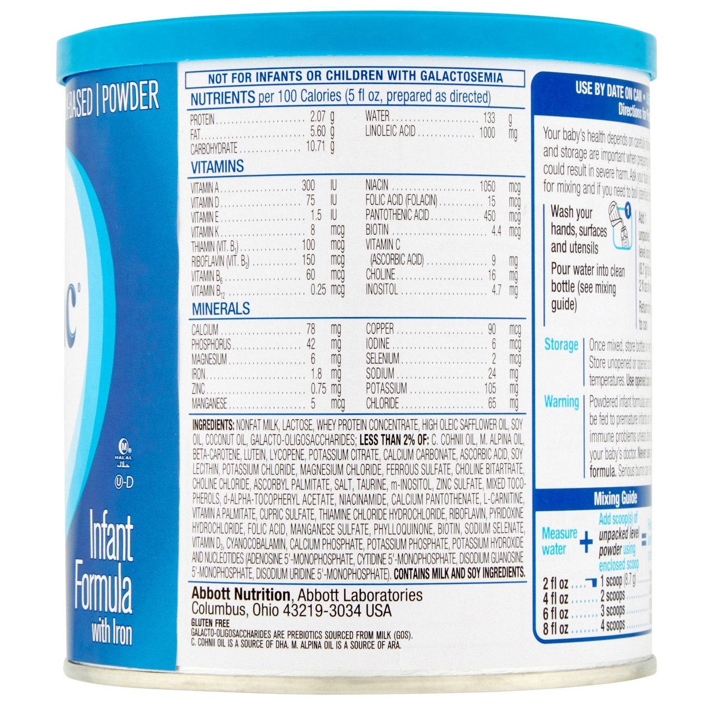 Similac Advance formula with iron, back nutrition facts panel; 12.4 oz can