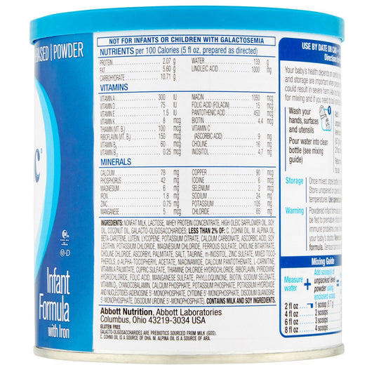 Similac Advance formula with iron, back nutrition facts panel; 12.4 oz can