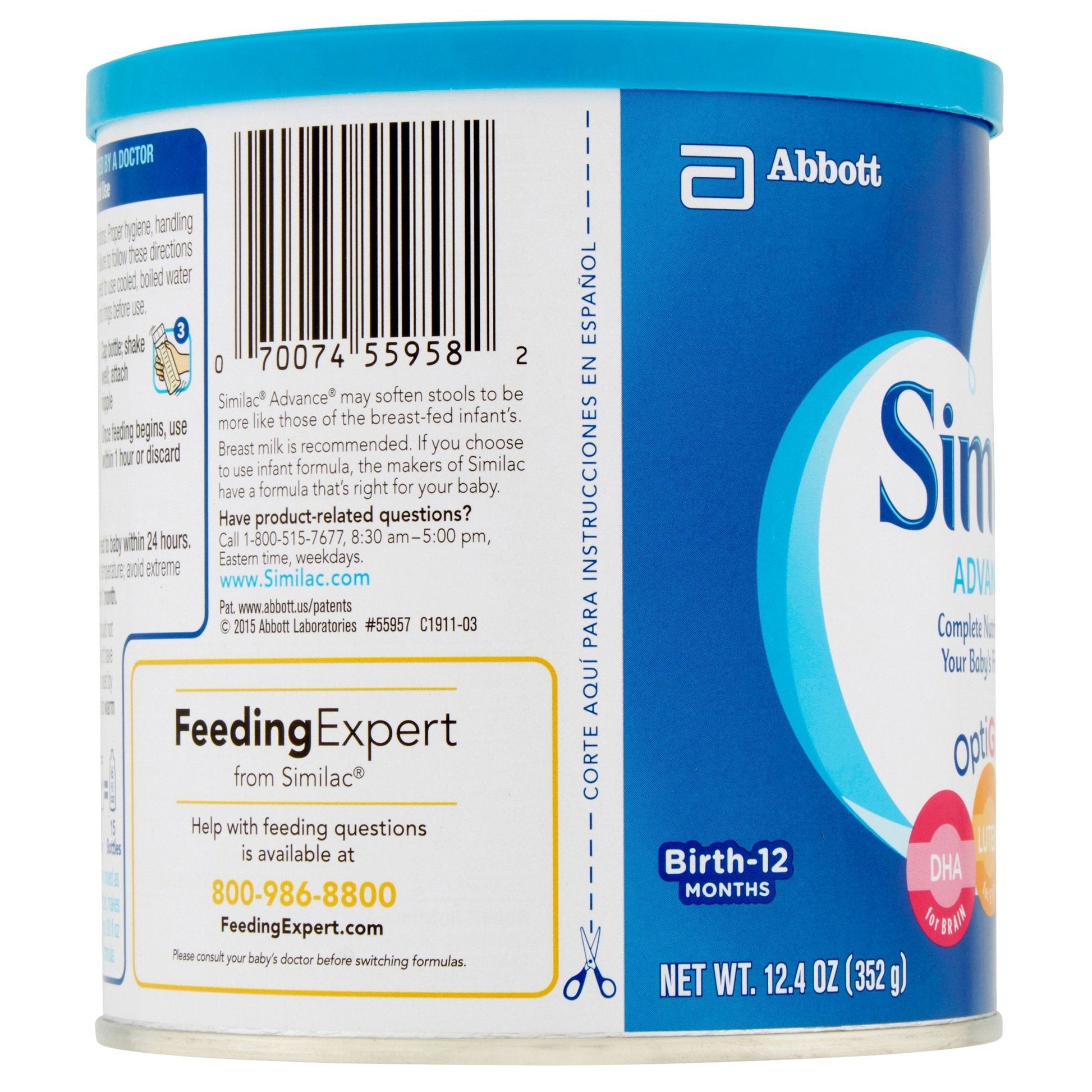 Similac Advance formula with iron, barcode and Birth-12 months panel; 12.4 oz can