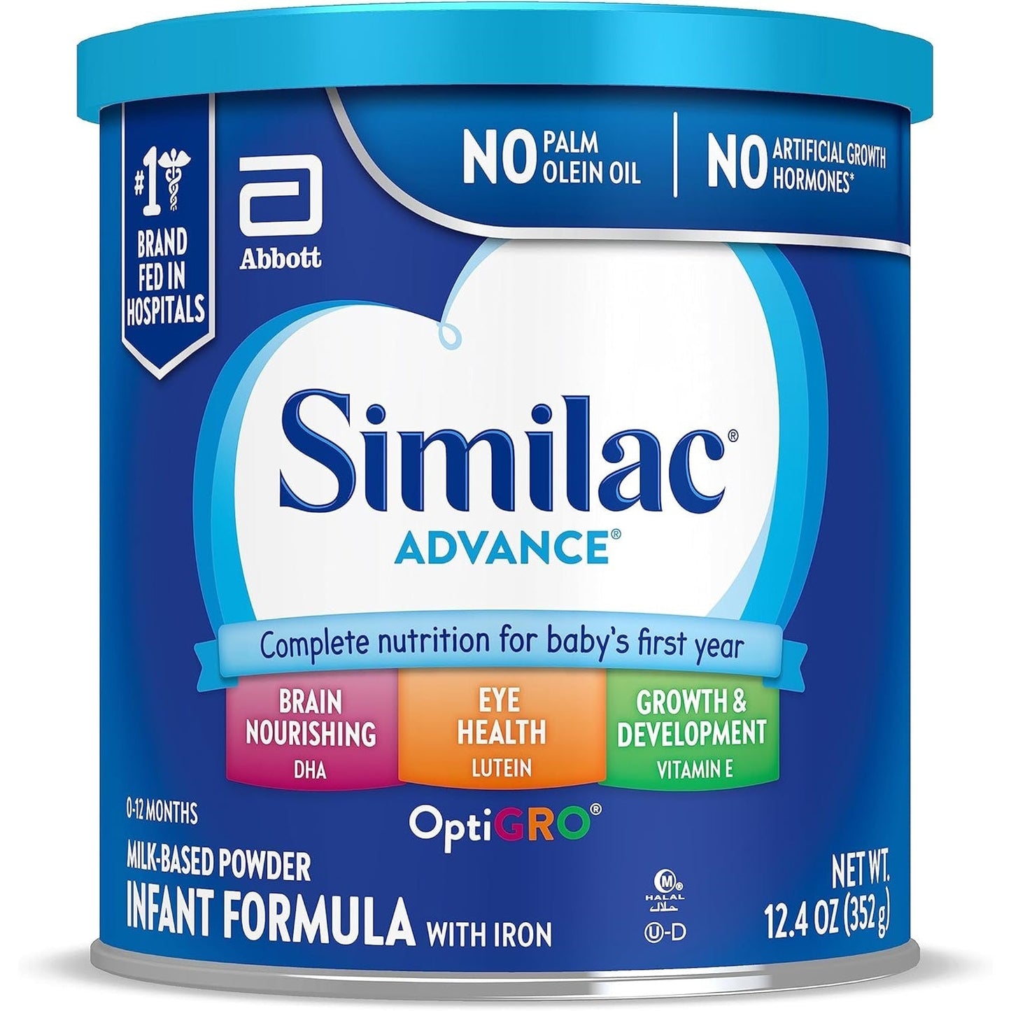 Similac Advance infant formula with iron, 12.4 oz can—complete nutrition label