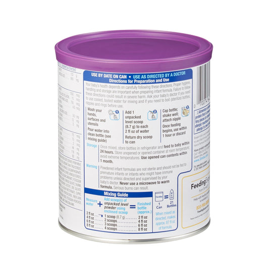 Similac Alimentum unflavored infant formula can, back panel with preparation directions