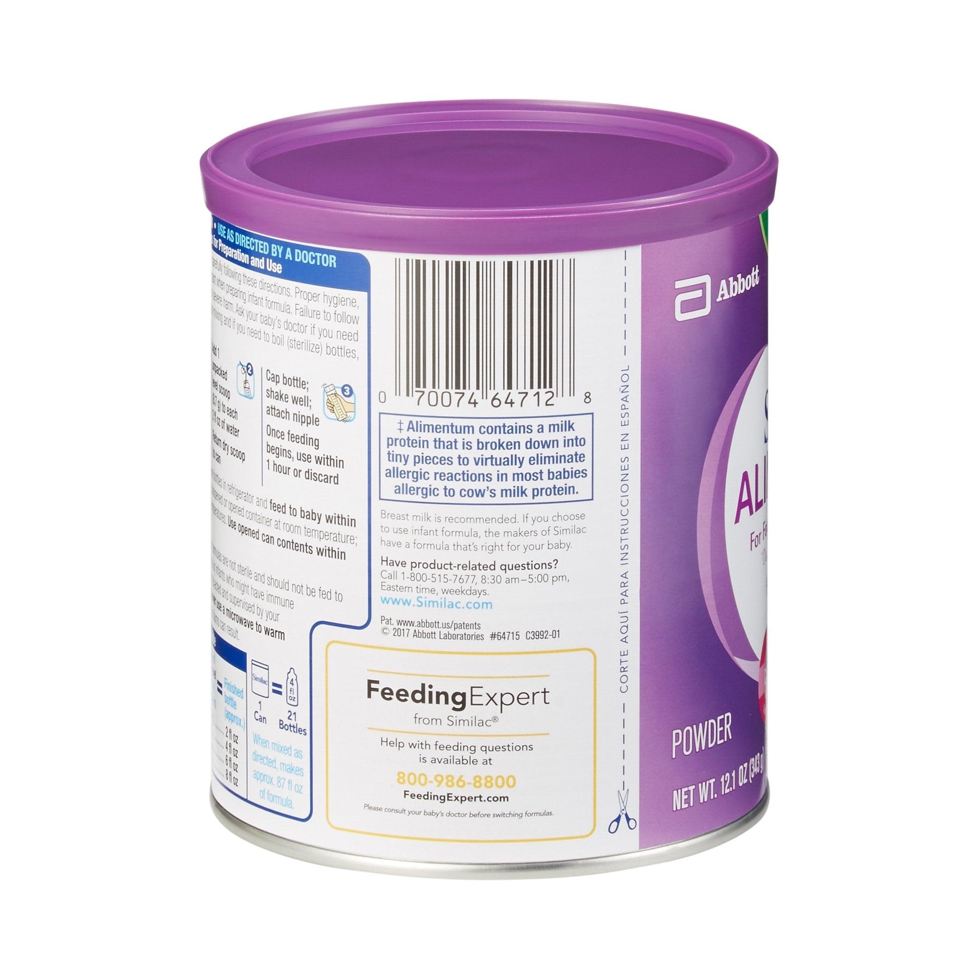 Similac Alimentum unflavored infant formula can, FeedingExpert info and barcode