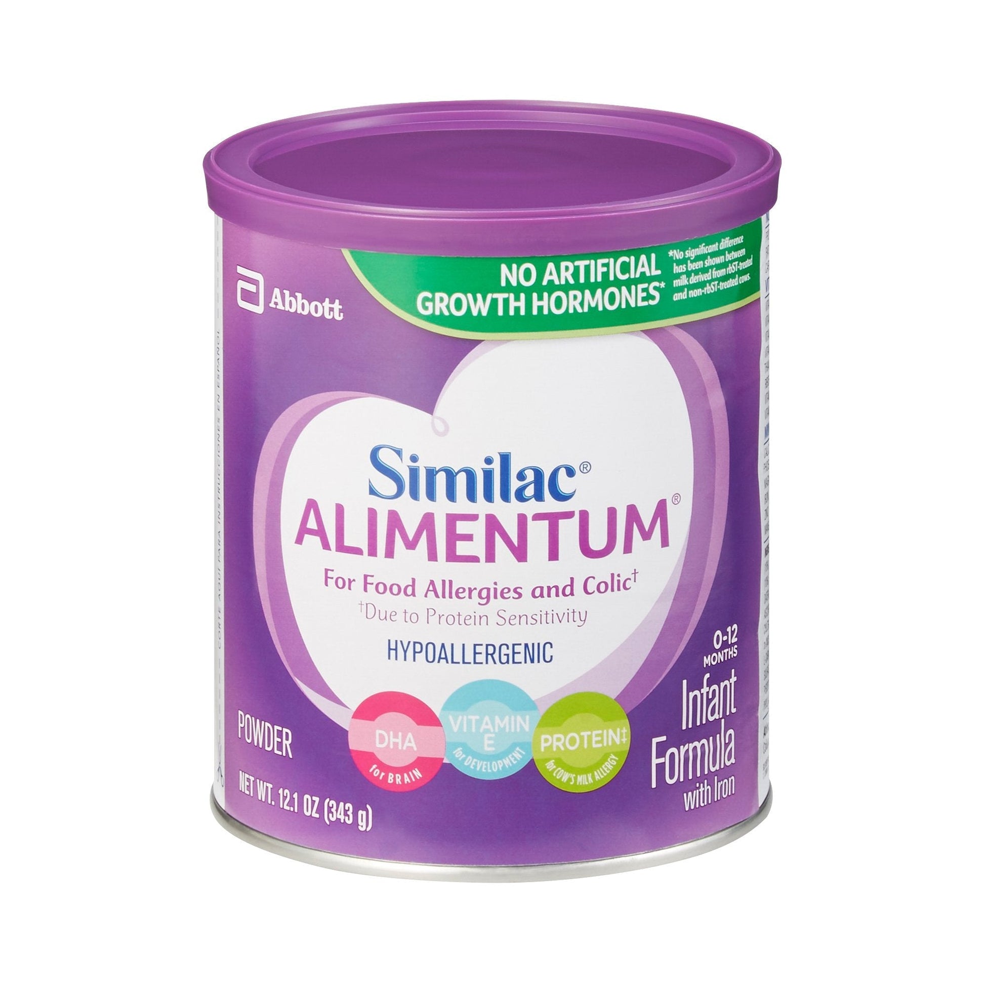 Similac Alimentum unflavored infant formula can, purple label, for 0–12 months