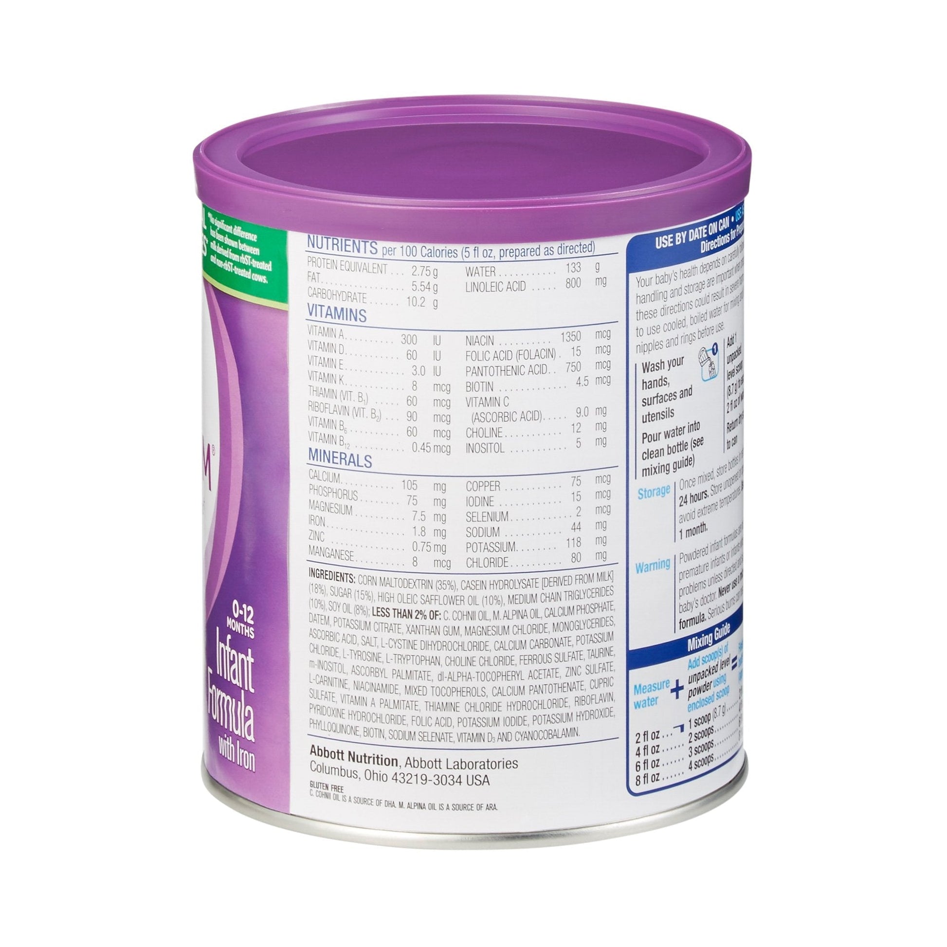 Similac Alimentum unflavored infant formula can, nutrition facts for 0–12 months