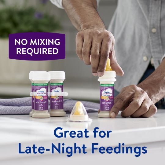 No-mixing required Similac Alimentum ready-to-feed infant formula bottles for late-night feedings