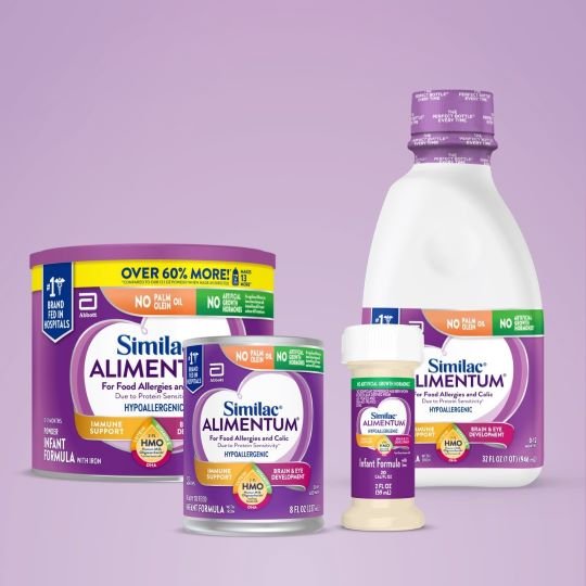 Similac Alimentum infant formula bottles and cans; purple hypollergenic packaging set