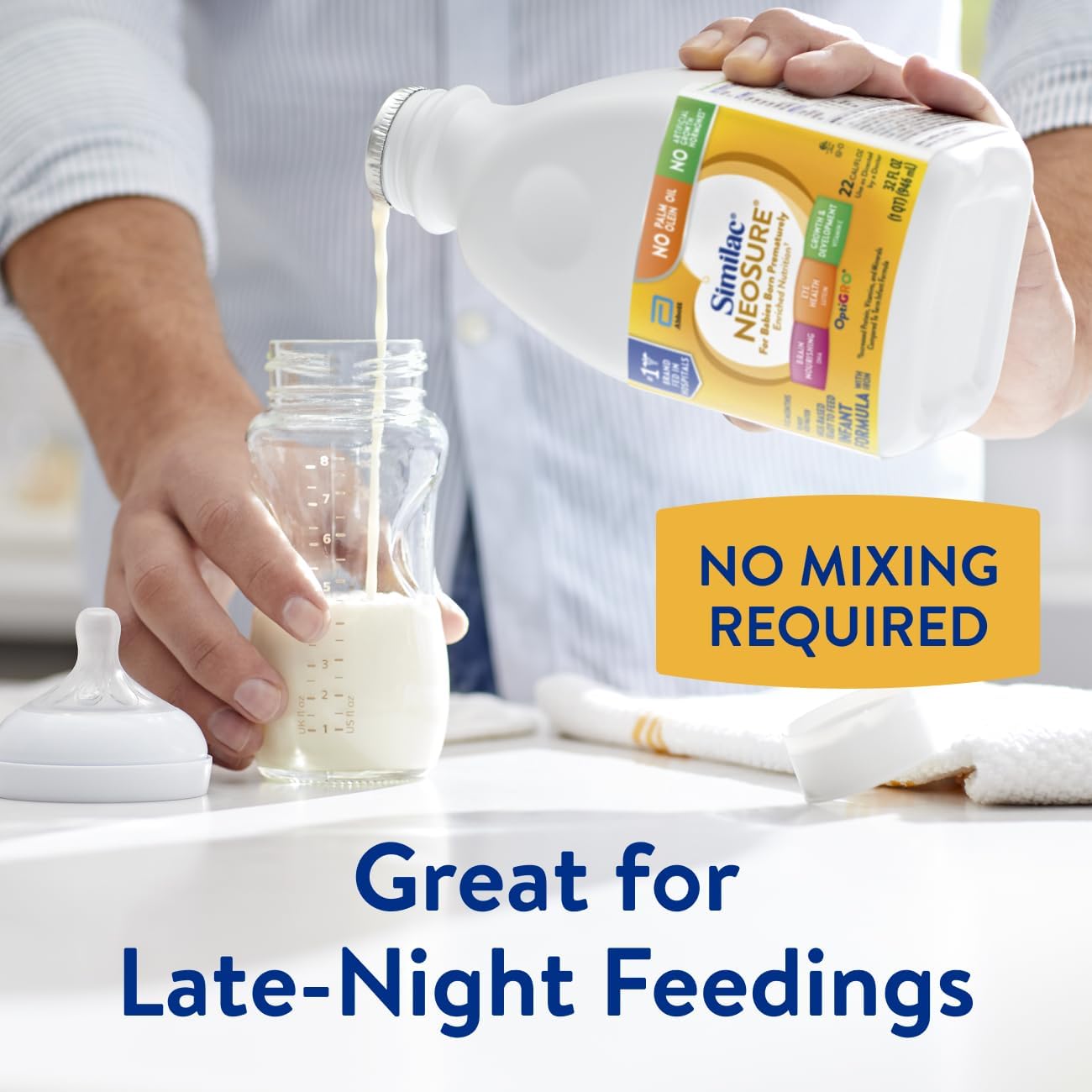 Similac NeoSure 32 fl oz ready-to-feed bottle being poured, no mixing required label