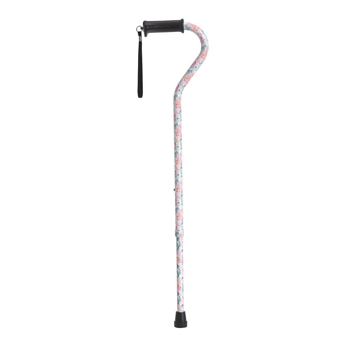 Single-point cane with light floral patterned shaft, black handle grip, wrist strap
