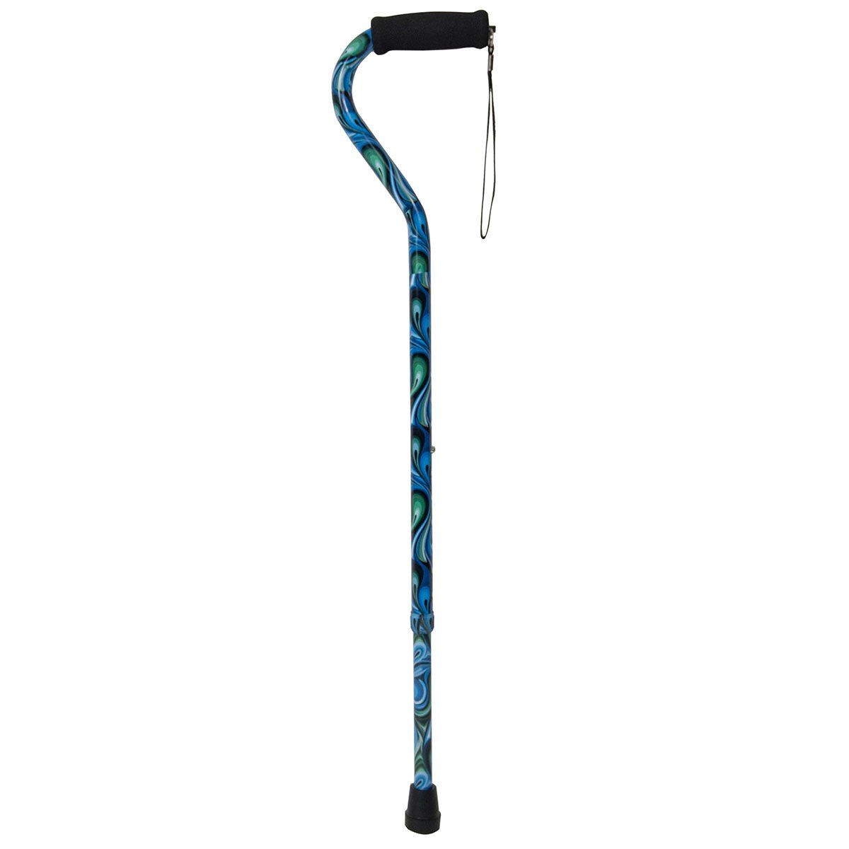 Single-point cane with blue swirl patterned shaft, black handle grip, wrist strap