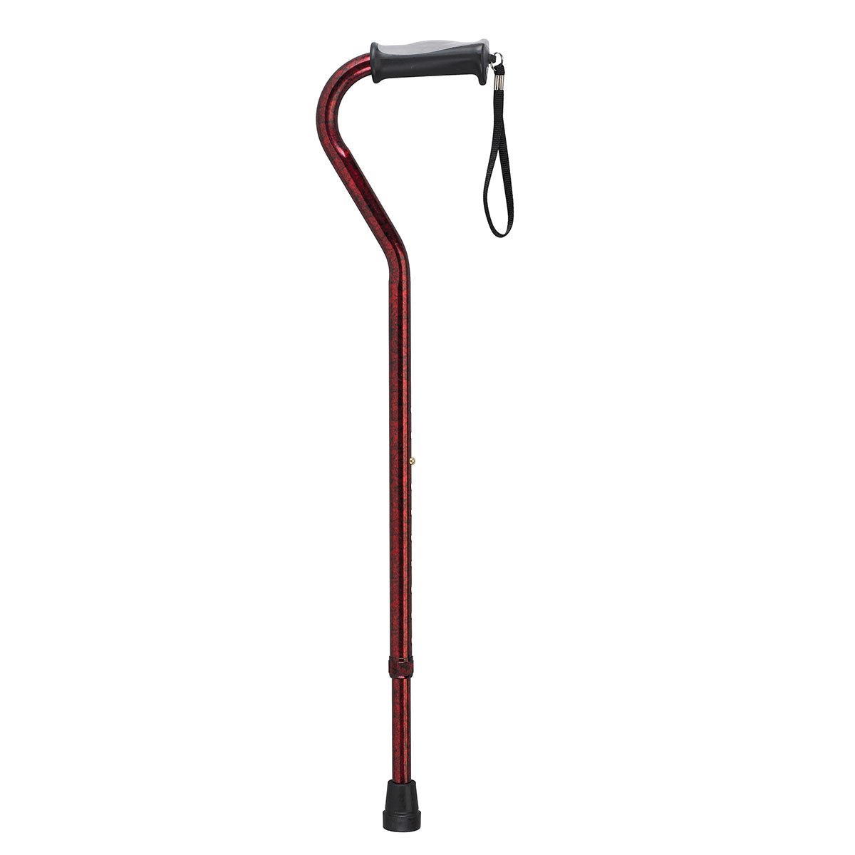 Single-point cane with red patterned shaft, black grip, wrist strap, and rubber tip