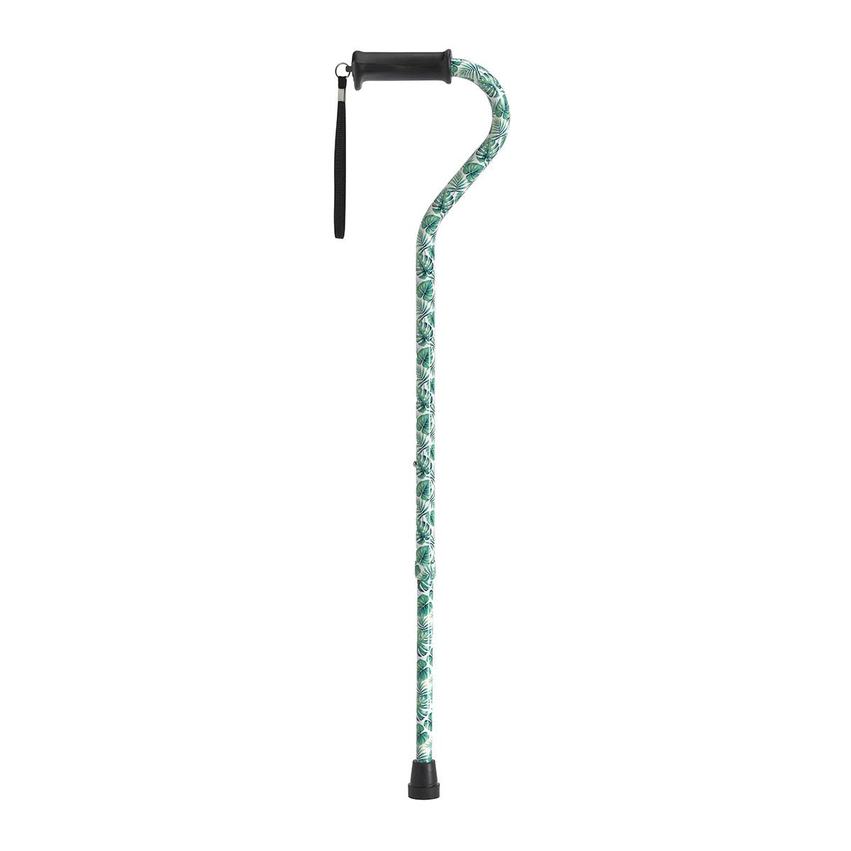 Single-point cane with green leaf patterned shaft, black handle grip, wrist strap