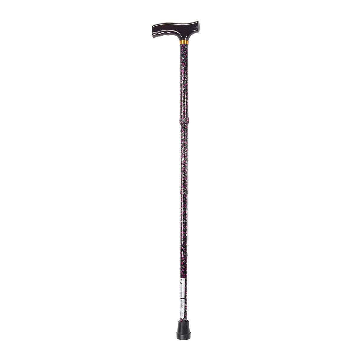 Single-point cane with multicolor speckled patterned shaft, black handle grip, rubber tip