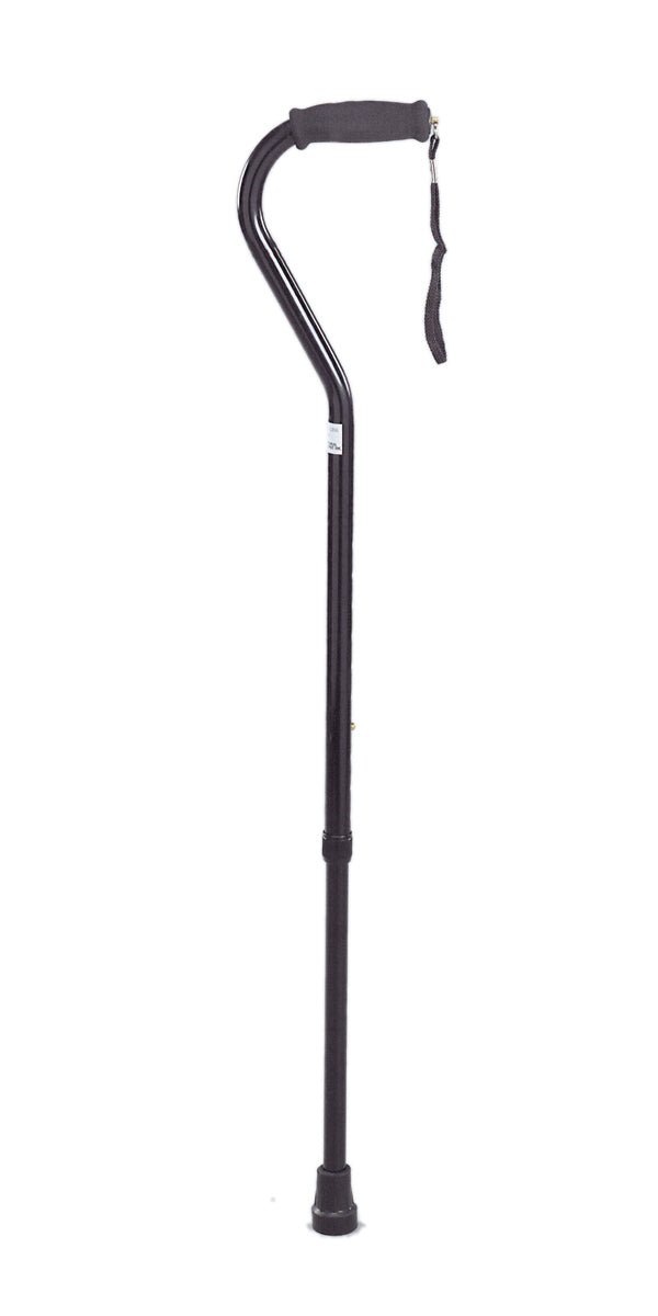 Single-point cane with dark curved handle, wrist strap, and rubber tip base