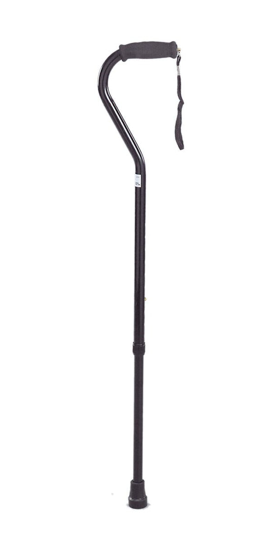Single-point cane with dark curved handle, wrist strap, and rubber tip base