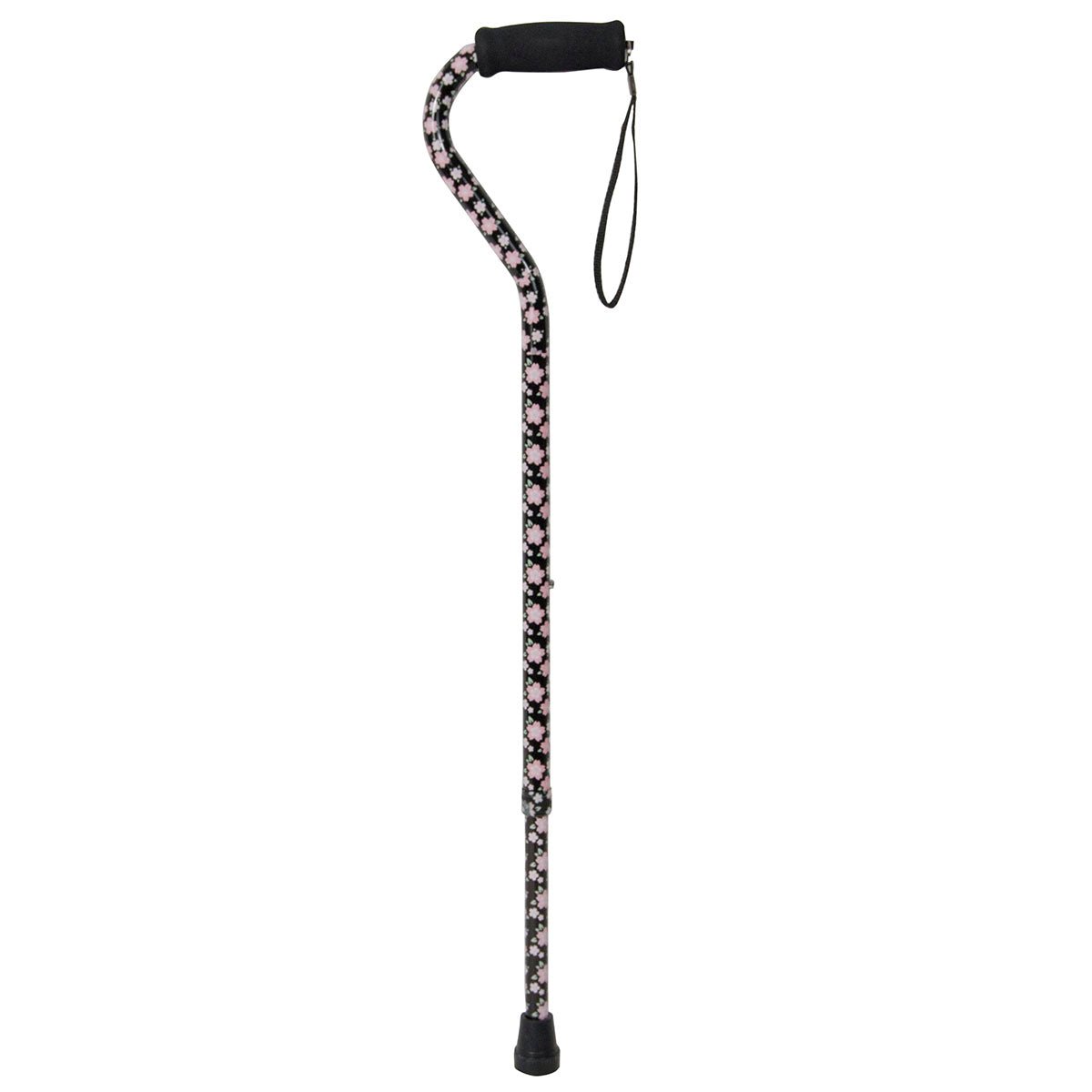 Single-point cane with pink floral patterned shaft, black handle grip, wrist strap