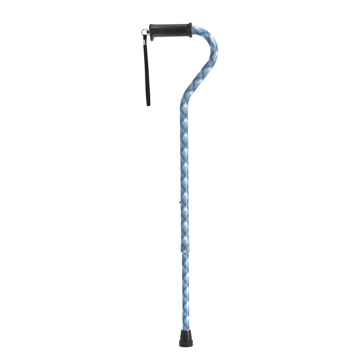 Single-point cane with blue plaid patterned shaft, black handle grip, wrist strap