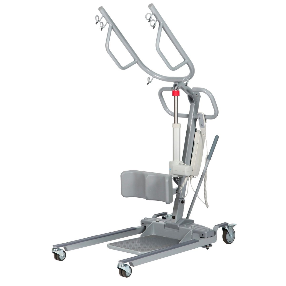 Sit-to-stand lift standing frame with padded backrest, base on rolling wheels