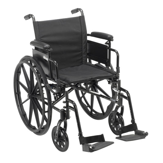 Black lightweight wheelchair with desk-style arms and swing-away footrests