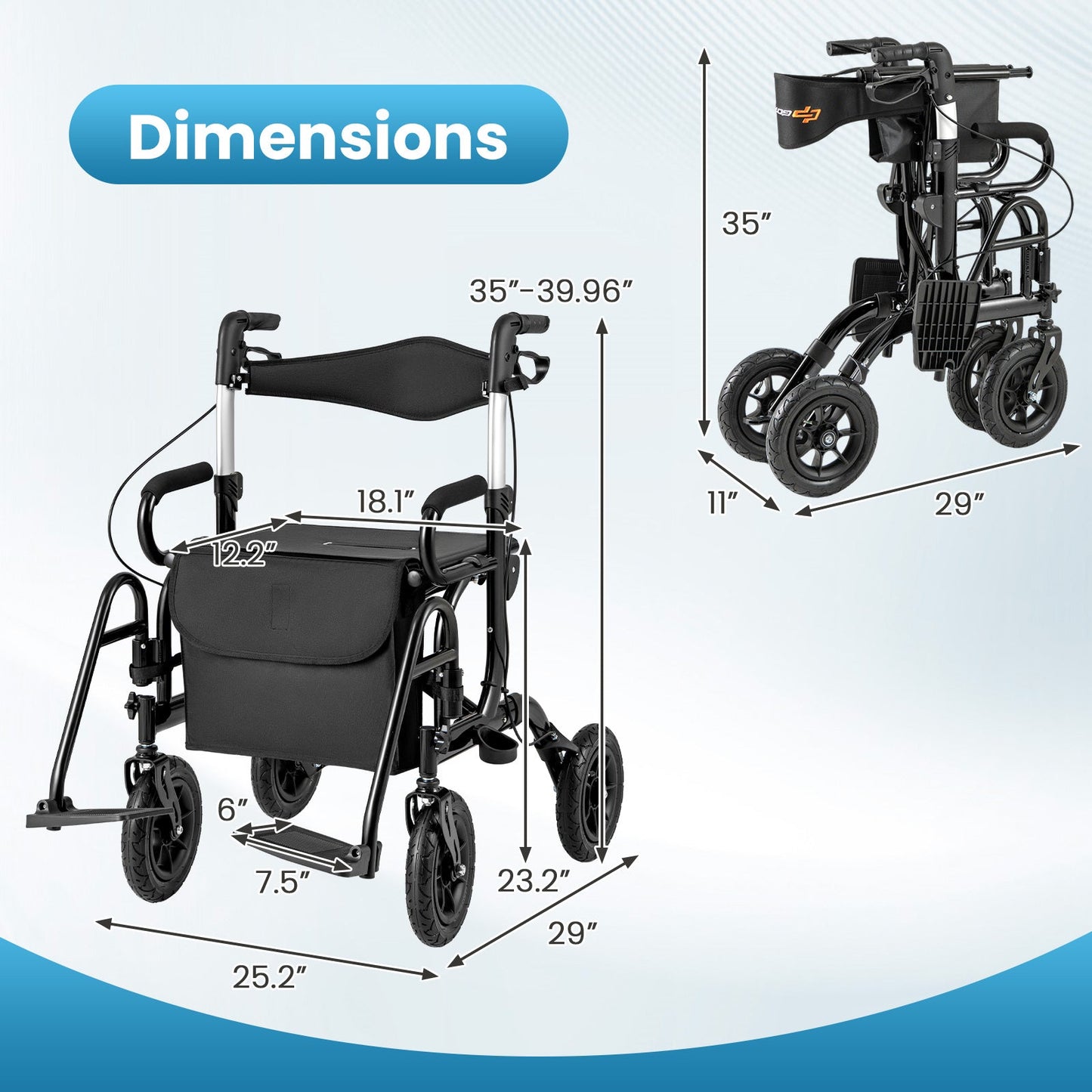 Dimensions of the 2-in-1 Foldable Rollator Walker with Seat and 9 Inch Pneumatic Tires for Seniors-Black