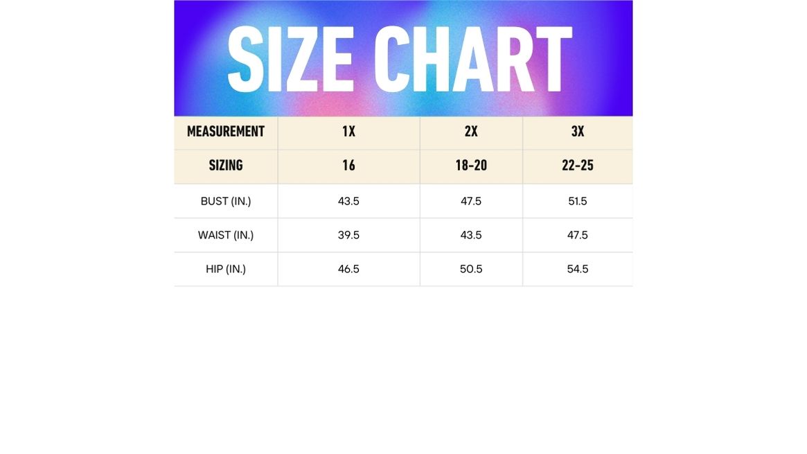 Straight leg pants size chart with bust, waist, and hip measurements