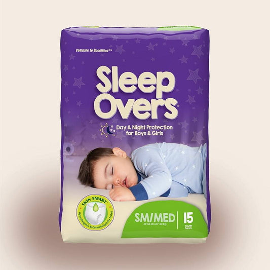 Sleep Overs youth incontinence pants, pack of 15, SM/MD (45–65 lb)