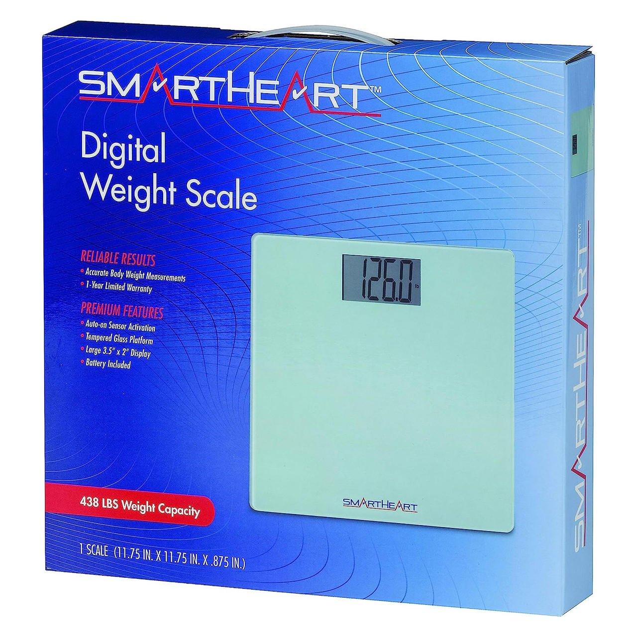 SmartHeart digital weight scale box showing 438 lb capacity and LCD display