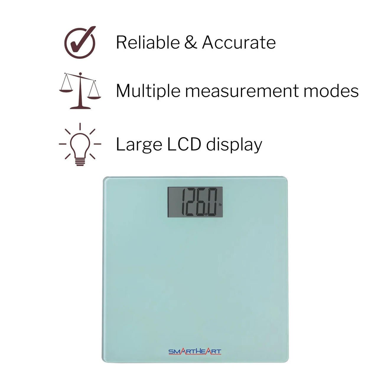 Mint digital bathroom scale with large LCD display and SmartHeart logo