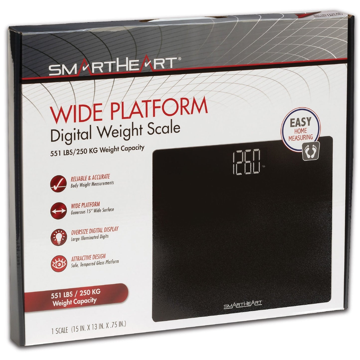 Wide platform digital weight scale retail box with black scale and 260 lb display