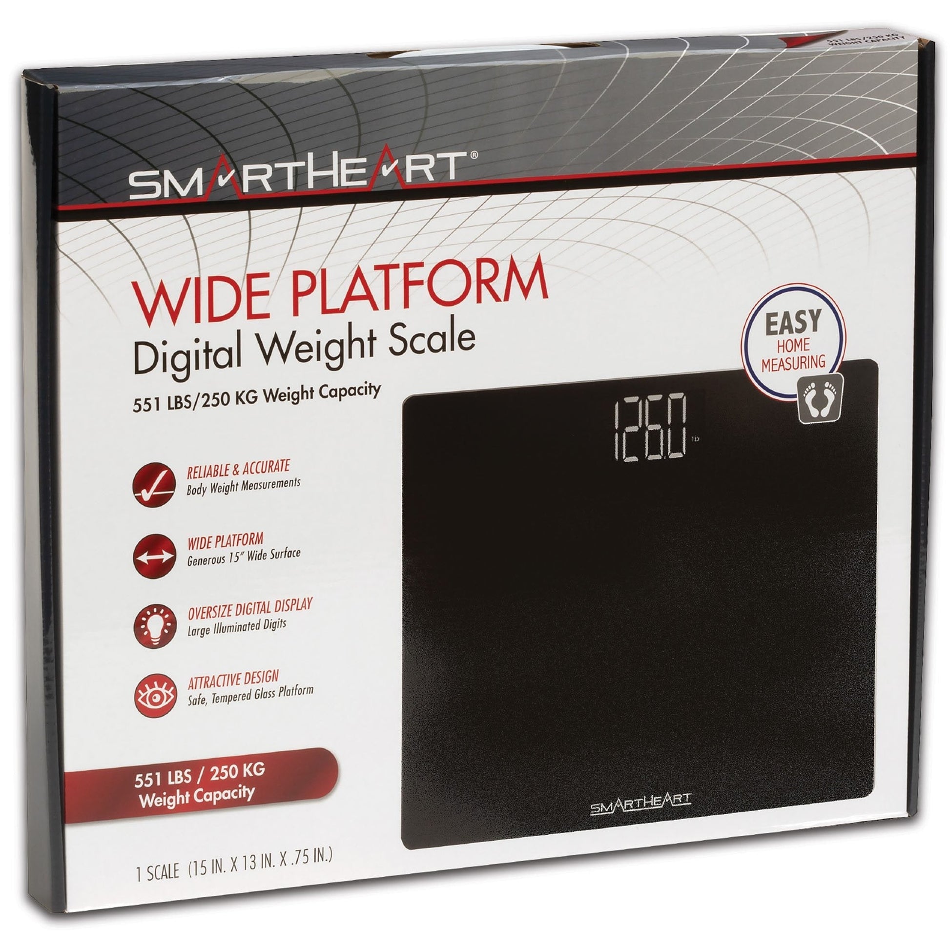 Wide platform digital weight scale retail box with black scale and 260 lb display