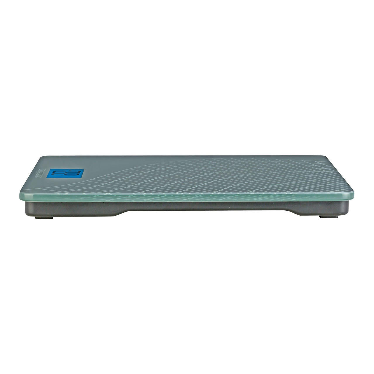 Gray digital weight scale base with patterned surface and blue LCD screen
