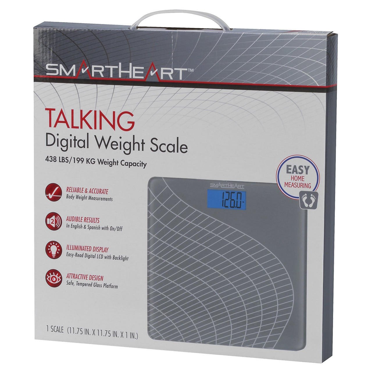 Talking digital weight scale box, 438 lb capacity, blue LCD display shown