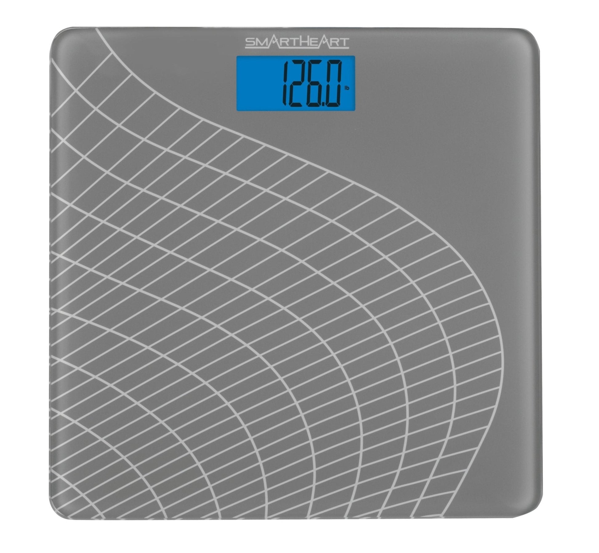 Gray digital talking scale with blue LCD display reading 126.0 lb
