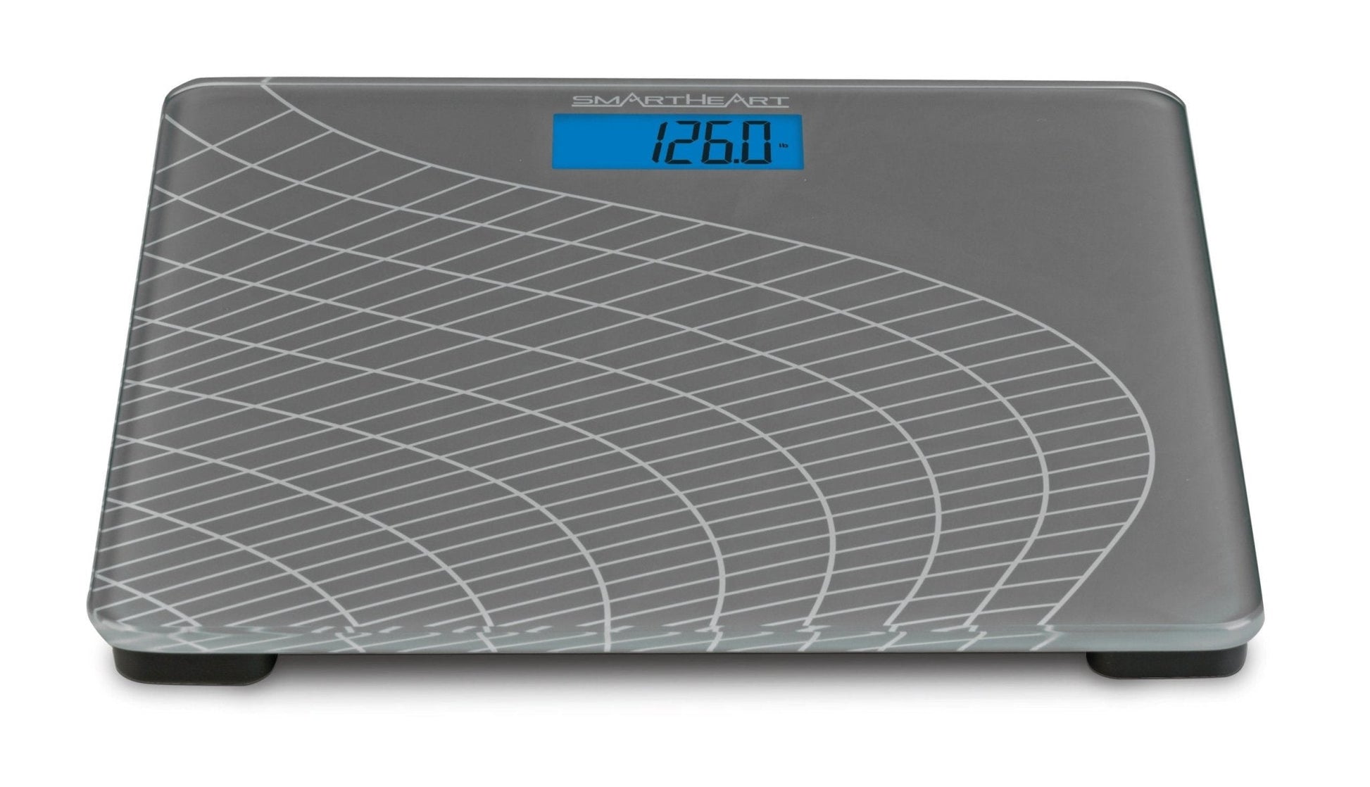 Gray digital scale with patterned glass platform and blue LCD reading 126.0