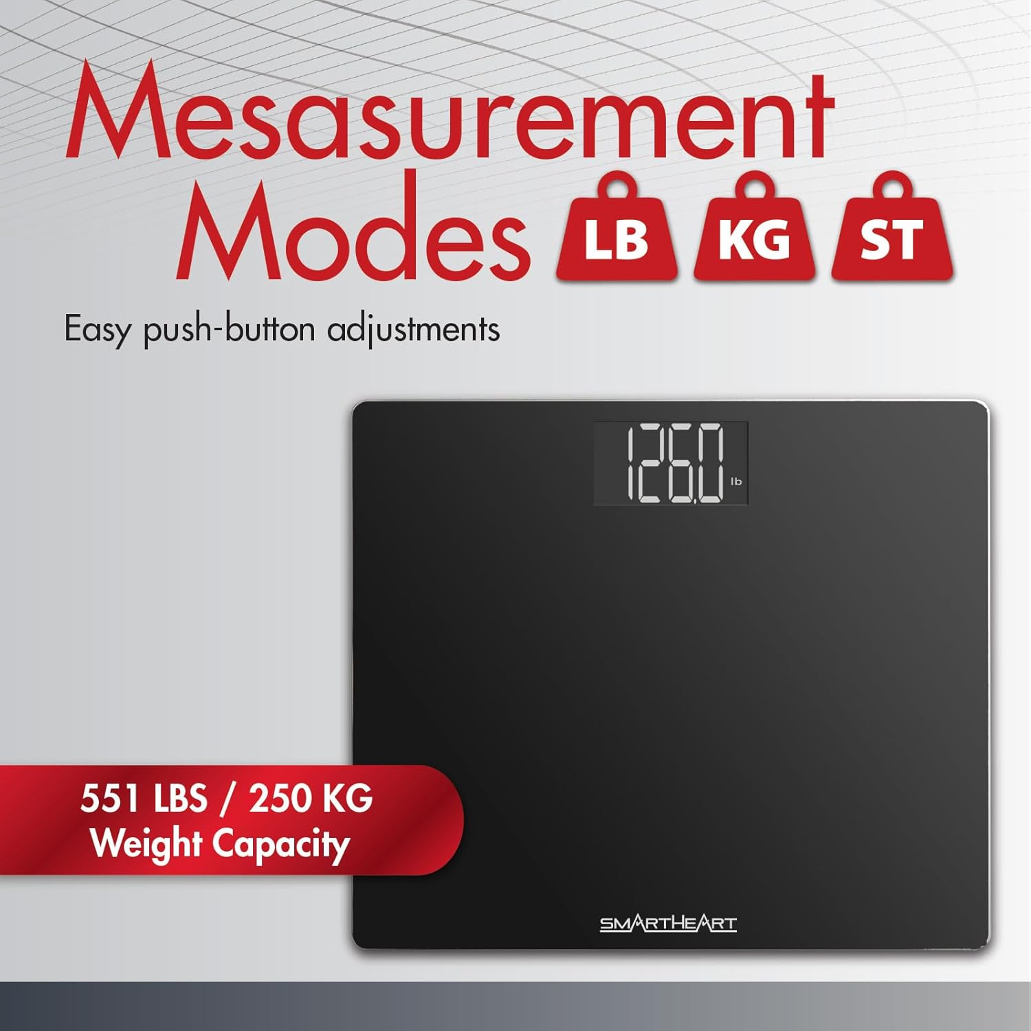 Black wide platform digital scale with 260 lb display and 551 lb / 250 kg capacity