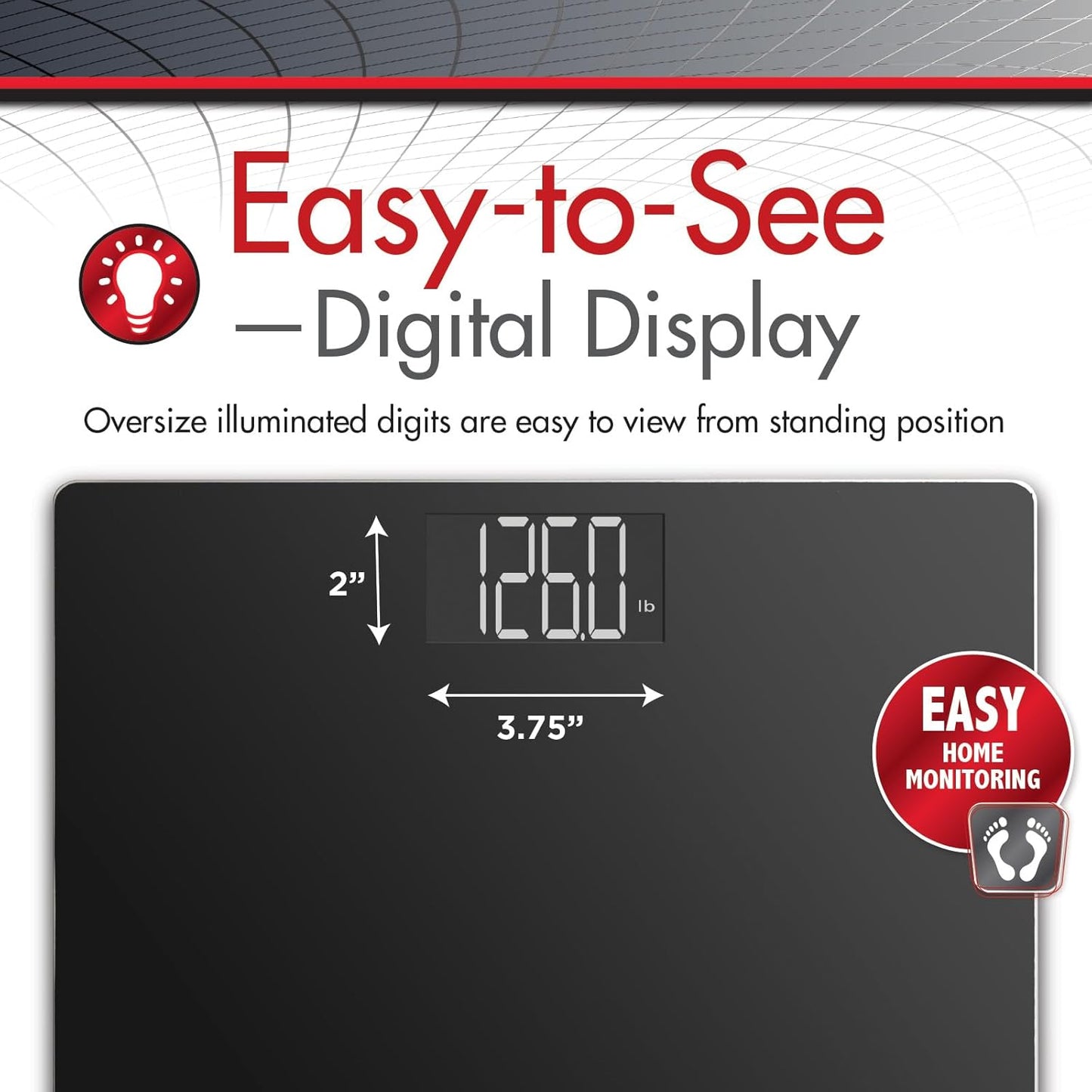 Black wide platform digital scale with illuminated display reading 260 lb