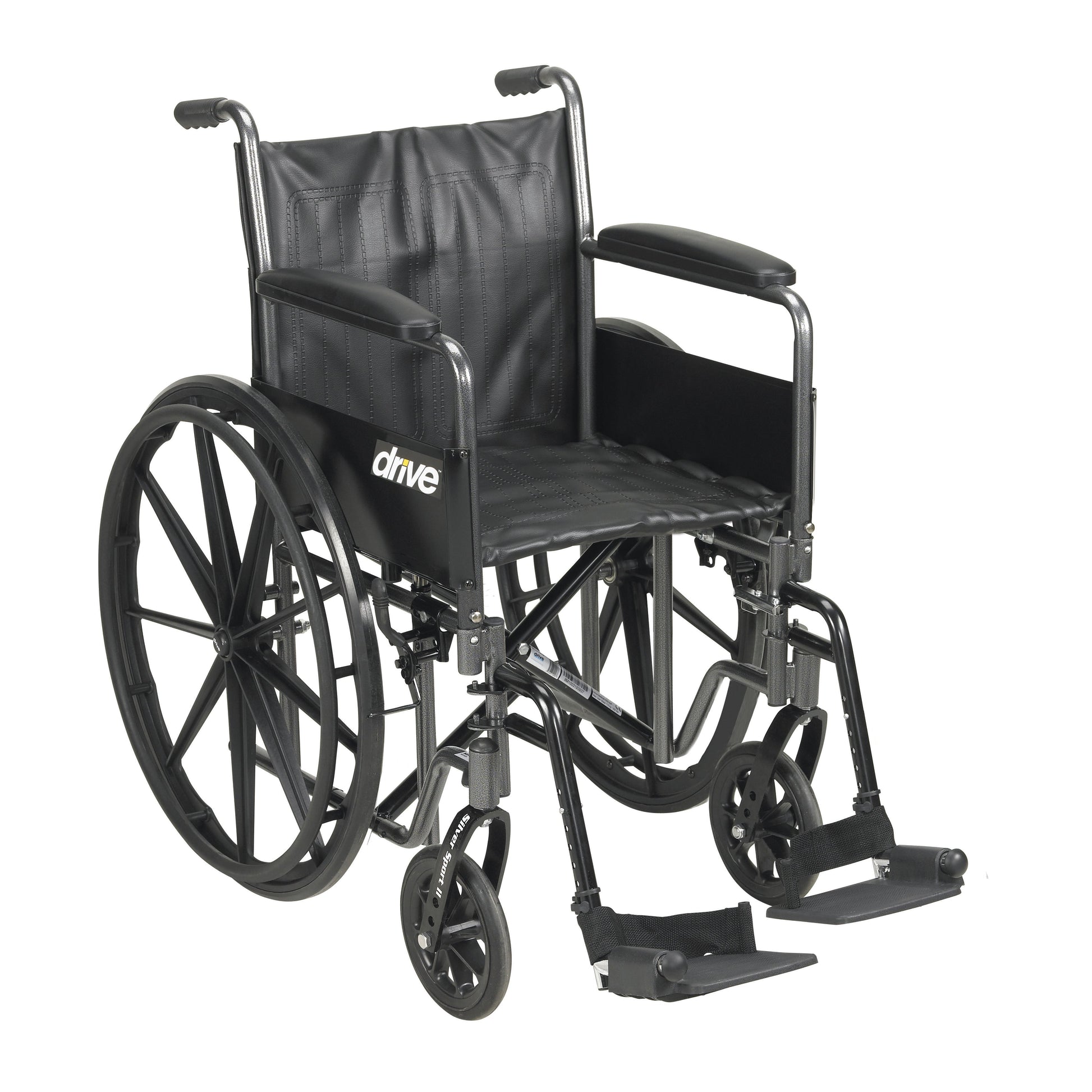 Silver wheelchair with padded full arms, black seat, swing-away footrests, 20 in