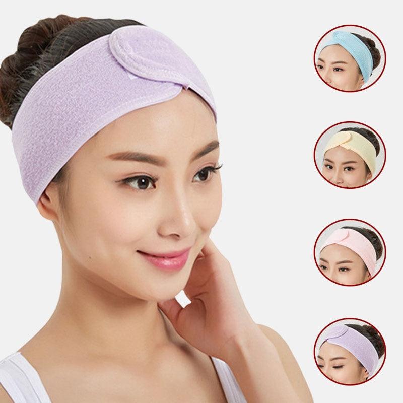 Lavender terry cloth headband worn for face washing and makeup, with soft padded band