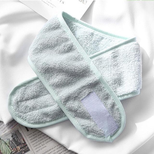 Light mint terry cloth facial headband with fabric tab strap