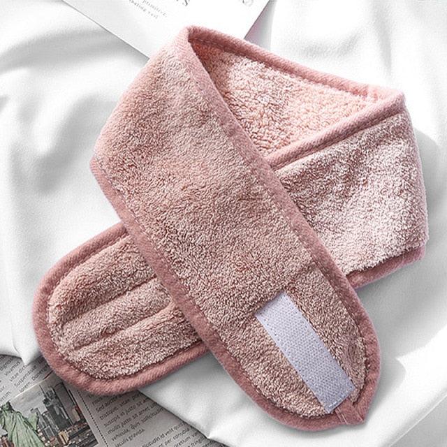Dusty pink terry cloth face-washing headband with light center stripe