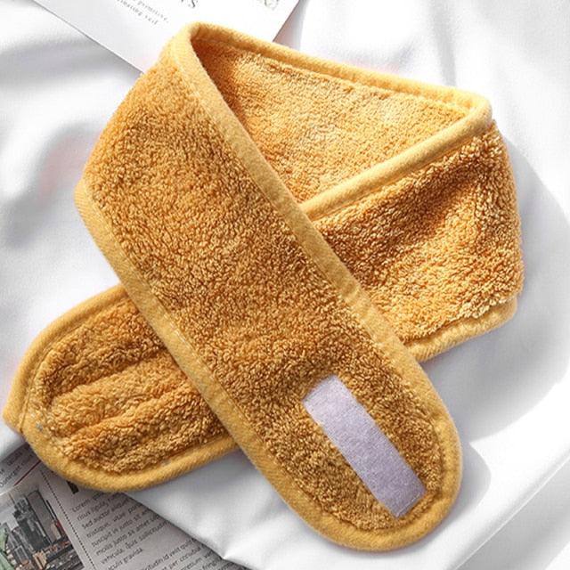 Golden yellow terry cloth face-washing headband with light center stripe