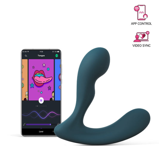 Teal silicone prostate massager with smooth curved body and rounded tip.