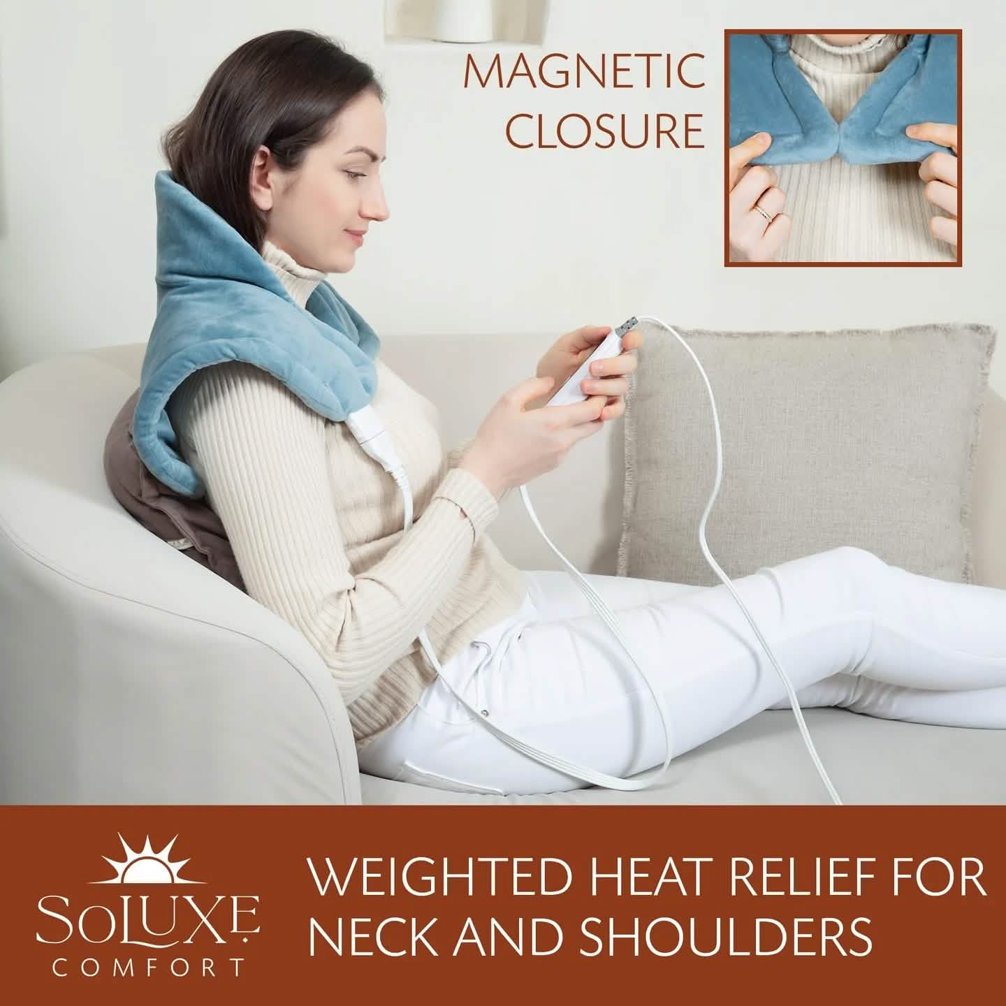 Blue weighted neck heating pad with magnetic closure and attached cord